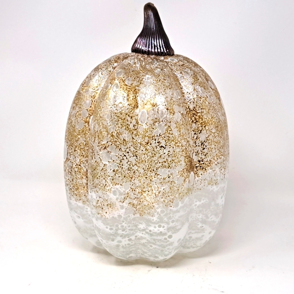 Large Art Glass Gold And White Pumpkin With Irridecent Stem - Picture 2 of 5